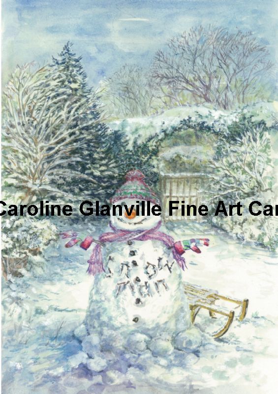 Snowman in garden scene, painting by Caroline Glanville