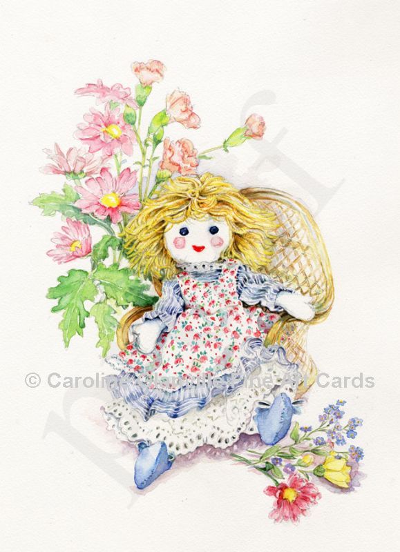 Rag doll with flowers, painting by Caroline Glanville