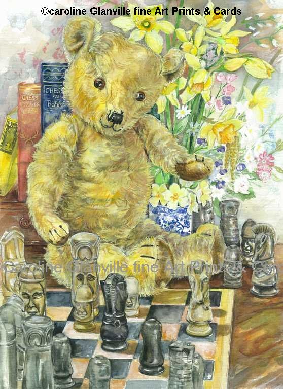 Old fashioned Teddy bear playing chess painting by Caroline Glanville